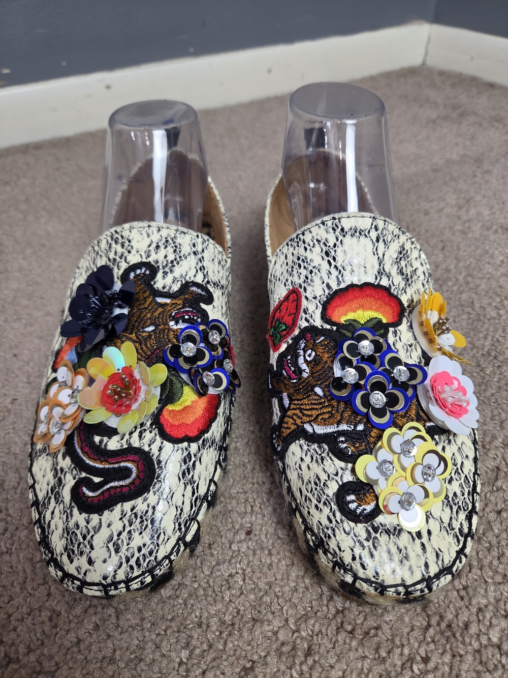 By Anthropologie bill blass Ivory Snake-Print Floral Embellished Loafers